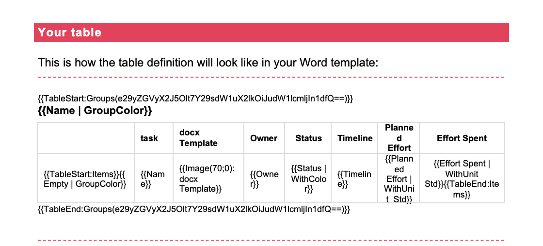 DocExport Table Definition Example