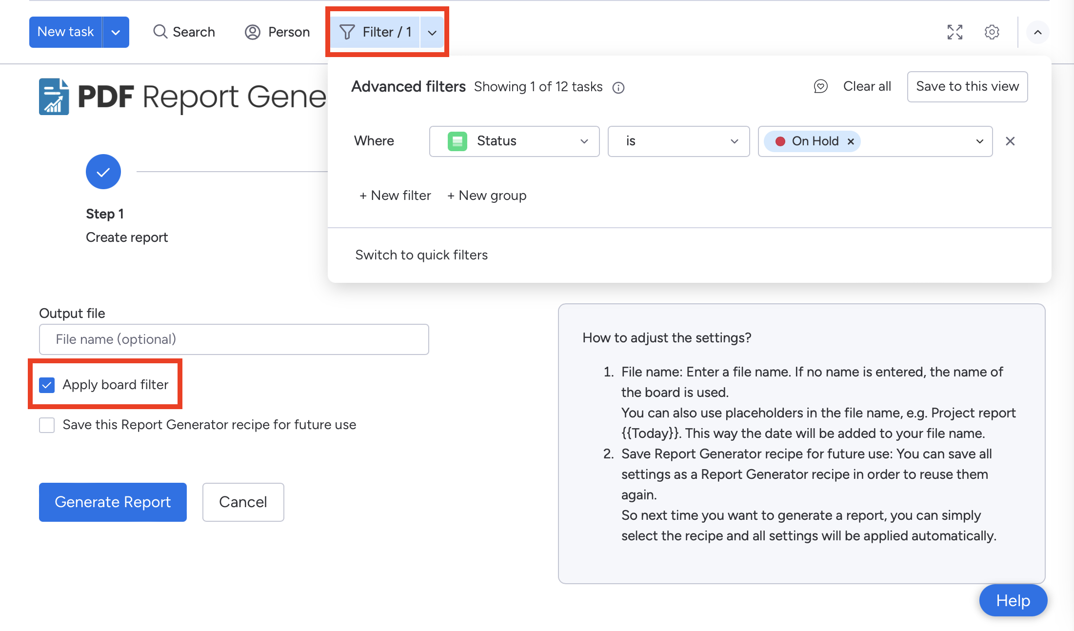 PDF Report Generator Apply Board Filter