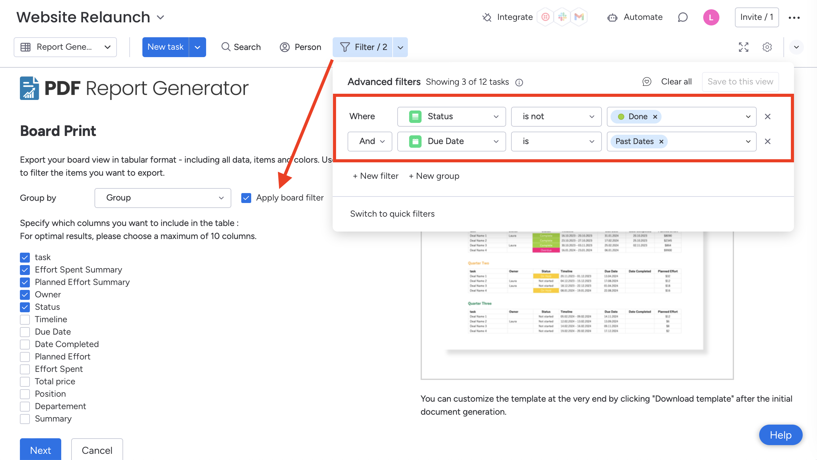 PDF Report Generator Board View Filter