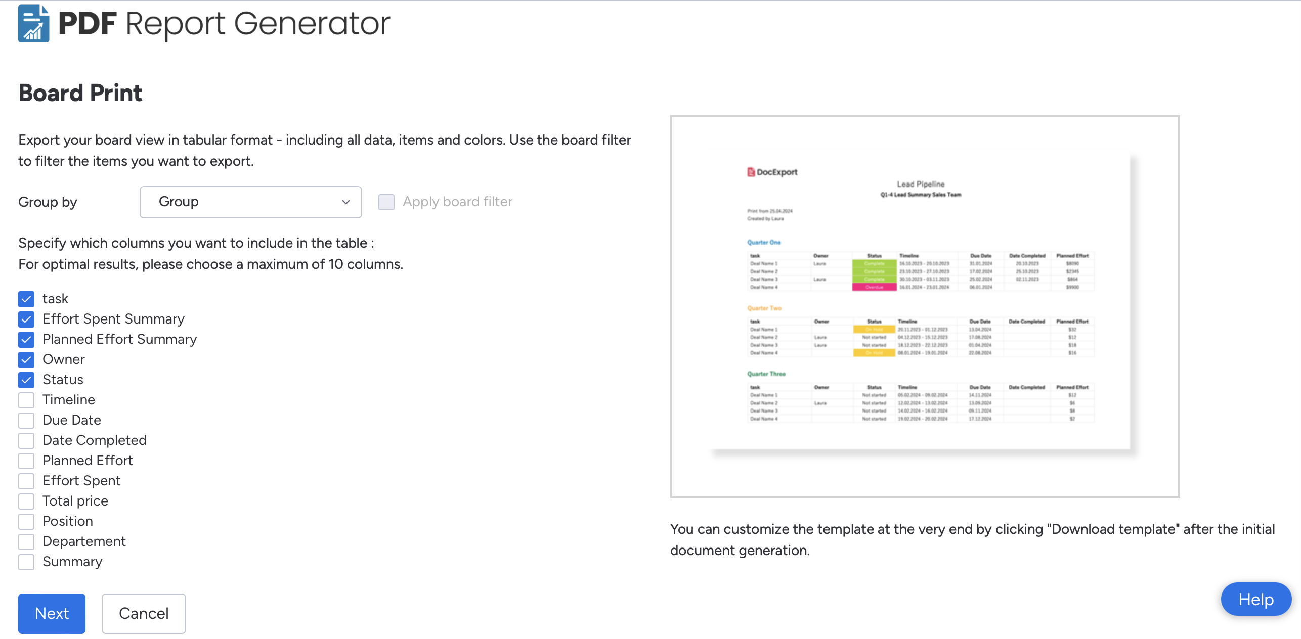 PDF Report Generator Board Print