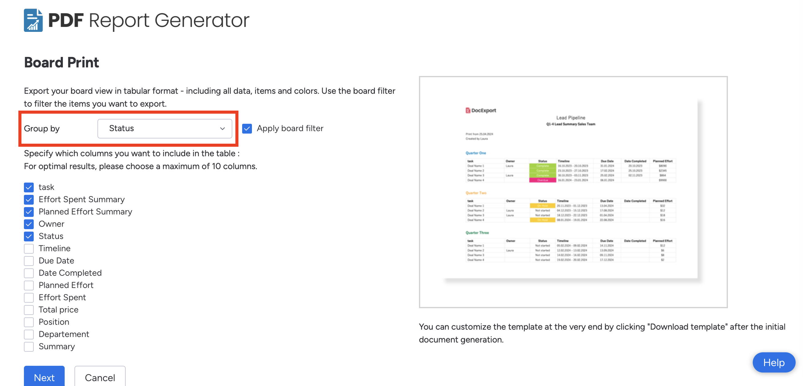 PDF Report Generator Board Print group